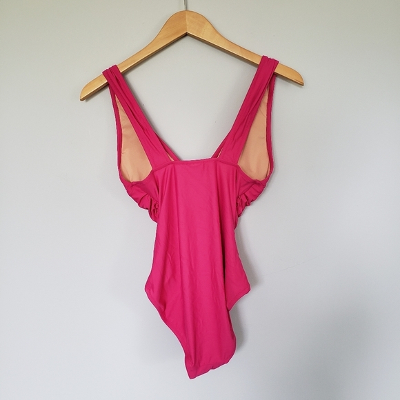 JCrew Ruched V-neck One-piece Swimsuit Hot Bright Pink Barbie Sz 4 - Picture 3 of 5